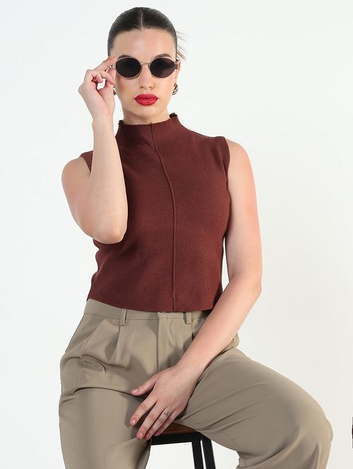 women brown solid high rise sleeveless top - 21946366 - Very Small Image - 1