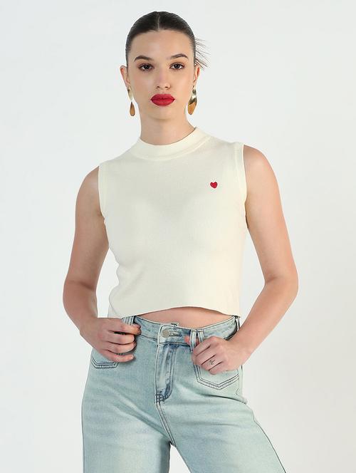 women cream solid sleeveless crop top - 21946368 - Very Small Image - 1