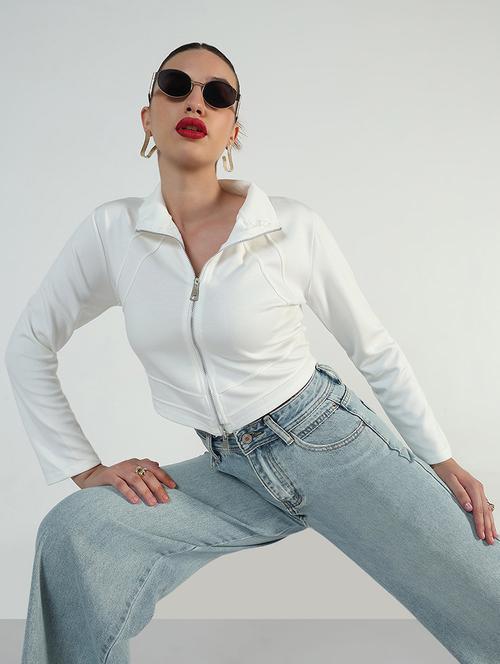 women white solid long sleeve zip up crrop top - 21946375 - Very Small Image - 1