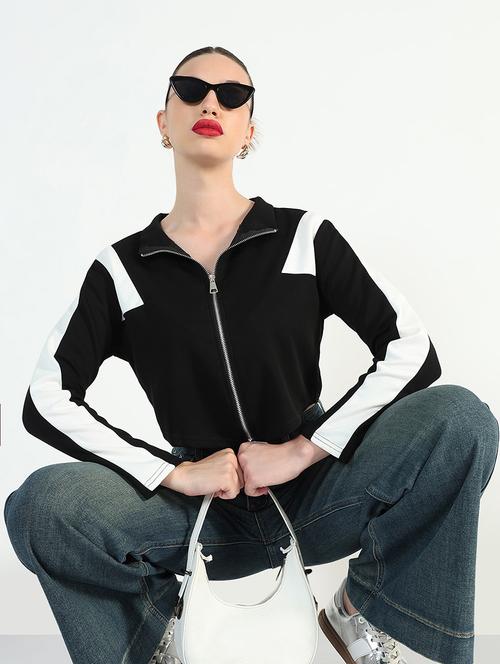 women color blocked long sleeve zip up crop top - 21946377 - Very Small Image - 1