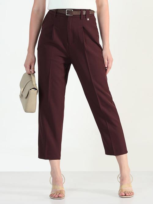 women solid high rise pleated staight trouser - 21946392 - Very Small Image - 1