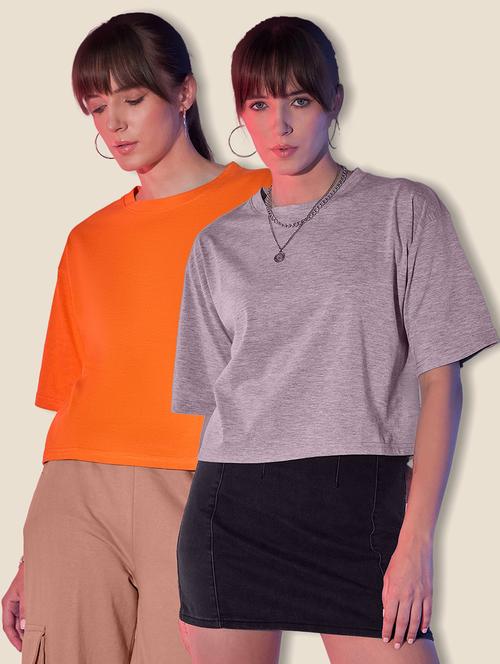 women pack of 2 solid short sleeve crop t-shirt - 21946820 - Very Small Image - 1