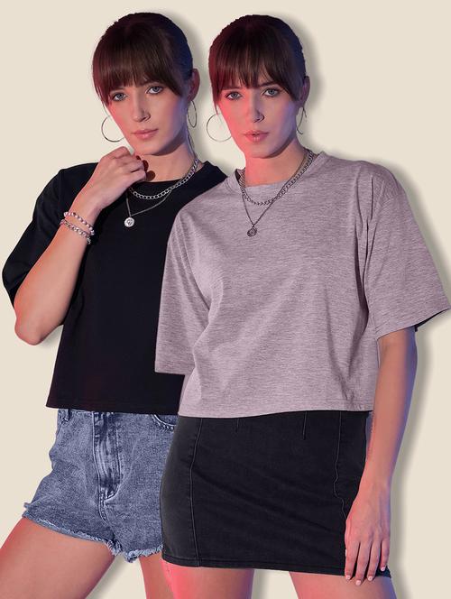 women pack of 2 solid short sleeve crop t-shirt - 21946829 - Very Small Image - 1