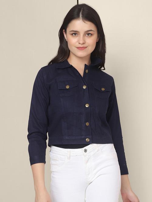 women solid collared denim summer jacket - 21947443 - Very Small Image - 1