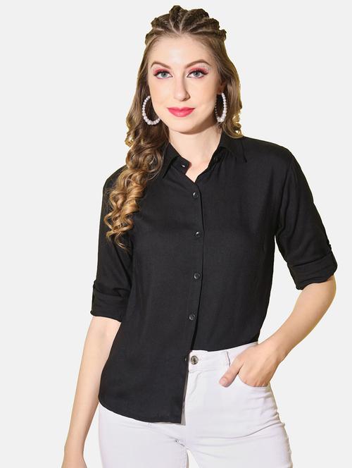 black solid collared roll-up sleeve regular shirt - 21947477 - Very Small Image - 1