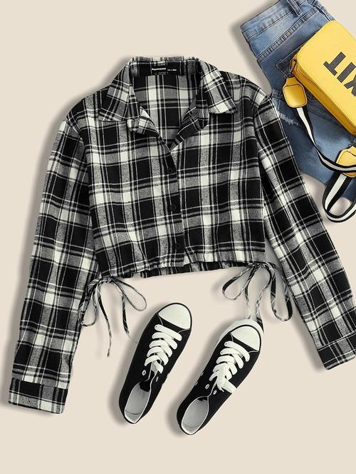 women checkered collared long sleeve crop shirt - 21947480 - Very Small Image - 1