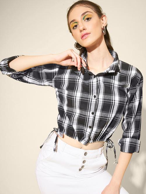 women checkered collared long sleeve crop shirt - 21947482 - Very Small Image - 1