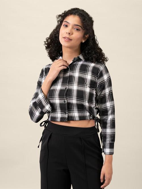 women checkered collared long sleeve crop shirt - 21947487 - Very Small Image - 1