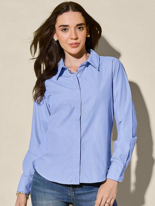 women light blue striped long sleeve collared shirt - 21947490 - Very Small Image - 1