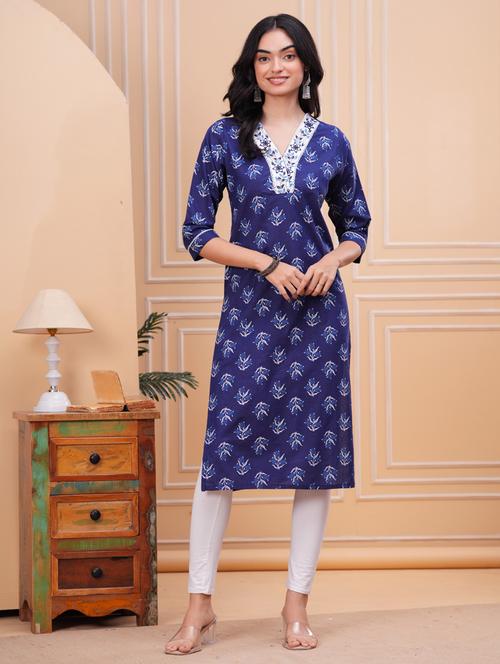 women blue three quarter sleeve straight kurta - 21947572 - Very Small Image - 1