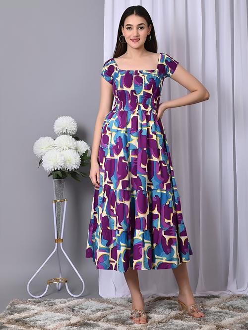 women printed cap sleeve smocked tiered dress - 21947626 - Very Small Image - 1