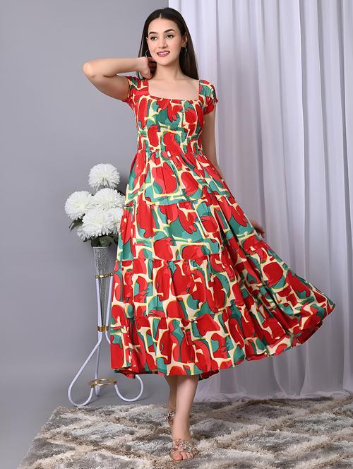 women printed cap sleeve smocked tiered dress - 21947627 - Very Small Image - 1