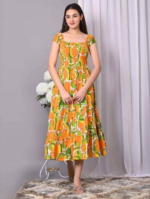 women printed cap sleeve smocked tiered dress - 21947628 - Very Small Image - 1