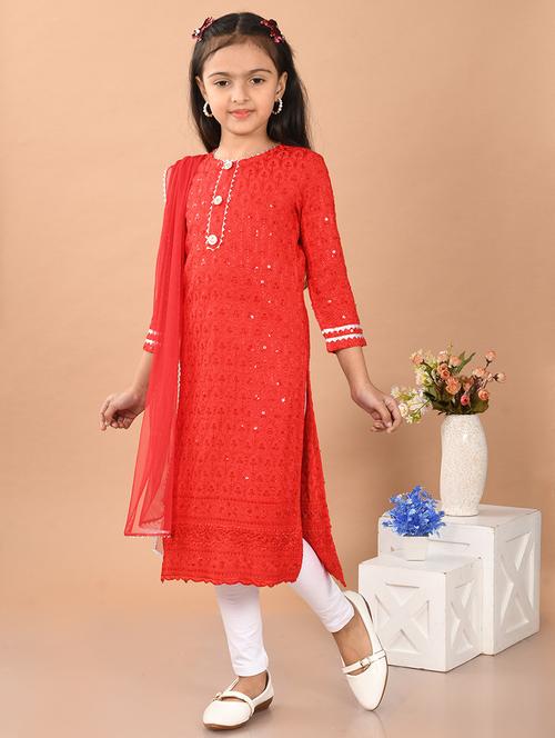girls embroidered round neck kurta and dupatta set - 21948215 - Very Small Image - 1