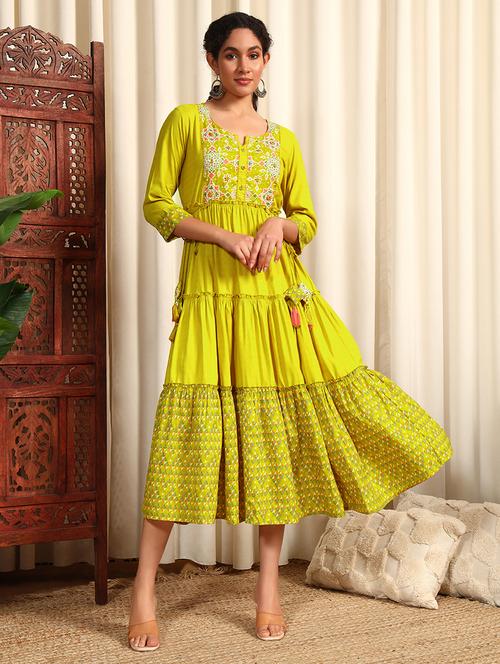 women three quarter sleeve tiered ethnic dress - 21948224 - Very Small Image - 1