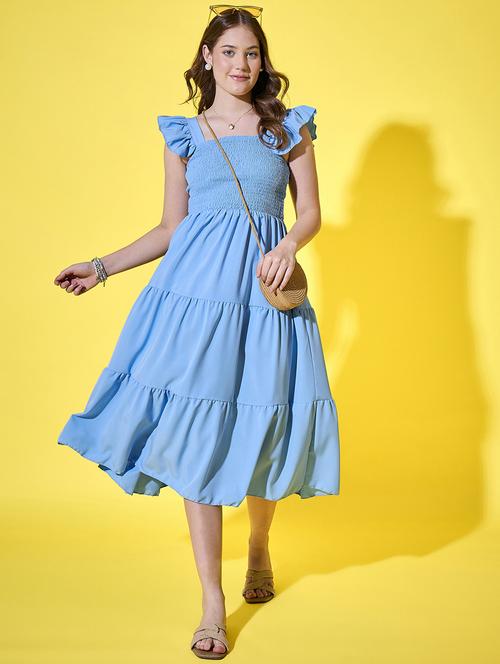 women solid ruffle sleeve calf length tiered dress - 21948420 - Very Small Image - 1