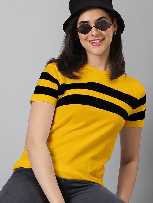 women striped chest print round neck t-shirt - 21948429 - Very Small Image - 1