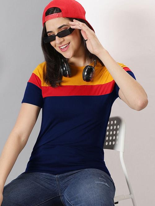 women color block round neck t-shirt - 21948436 - Very Small Image - 1