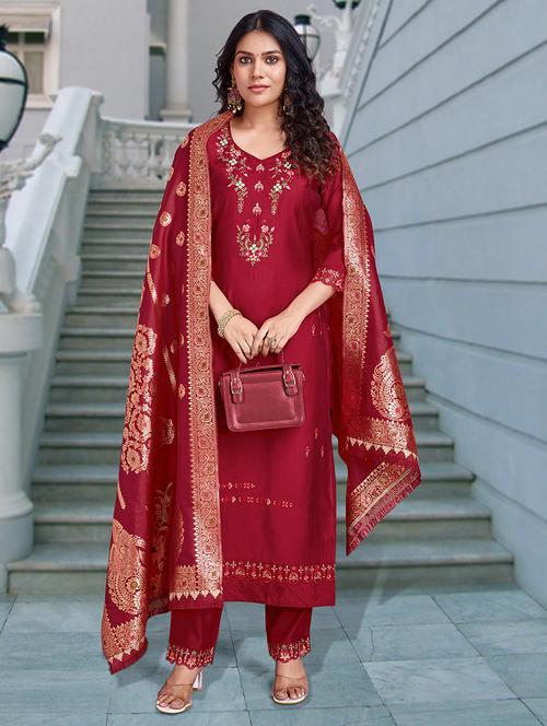 women three quarter sleeve kurta pant with dupatta set - 21948539 - Very Small Image - 1