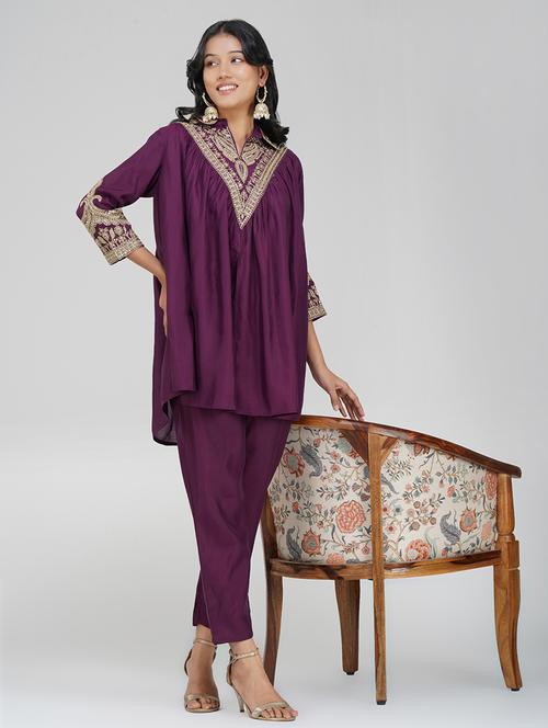 women purple embroidered three quarter sleeve ethnic co ord set - 21948918 - Very Small Image - 1