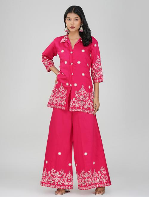 women pink three quarter sleeve kurta palazzo set set - 21948919 - Very Small Image - 1