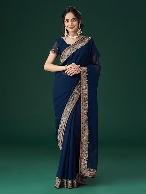 women solid with bordered saree with blouse - 21949595 - Very Small Image - 1