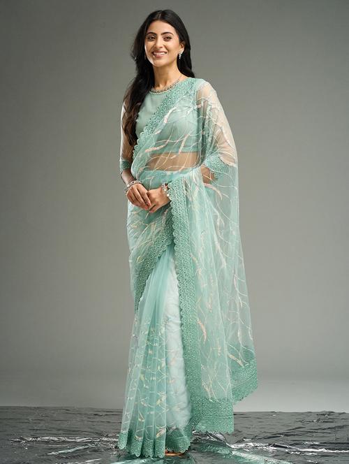 women solid with work embellished saree with blouse - 21949605 - Very Small Image - 1