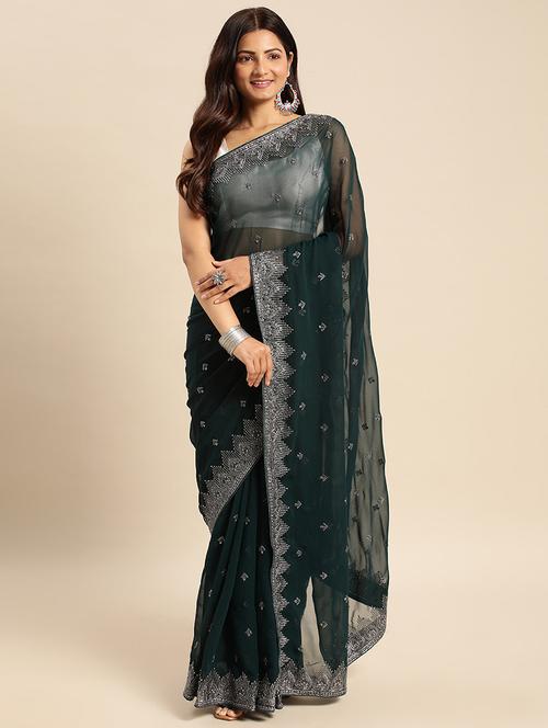 women solid with work embroidered saree with blouse - 21949611 - Very Small Image - 1