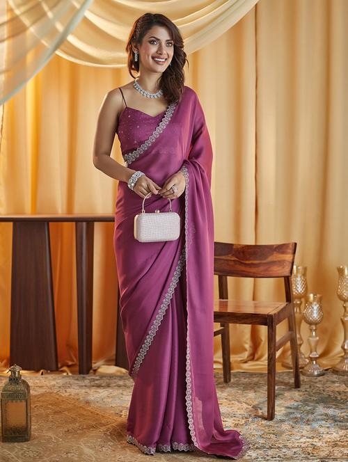 women solid embellished bordered saree with blouse - 21949613 - Very Small Image - 1