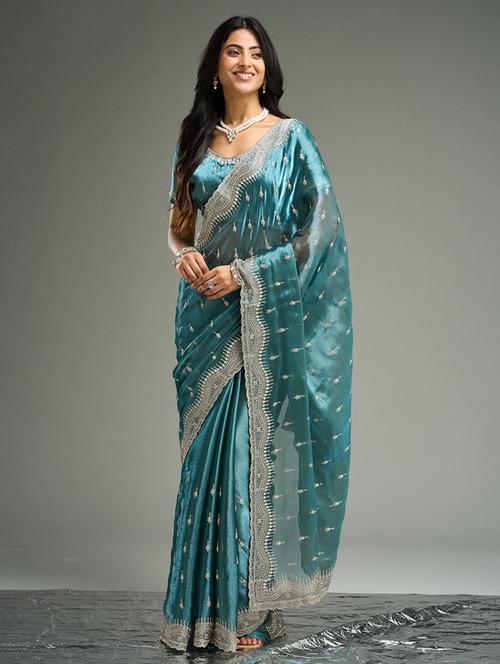 women solid with work embroidered saree with blouse - 21949622 - Very Small Image - 1