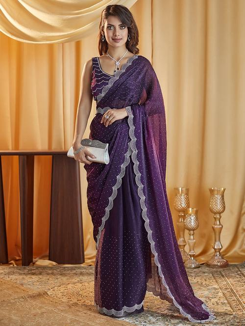 women solid with work embellished saree with blouse - 21949634 - Very Small Image - 1