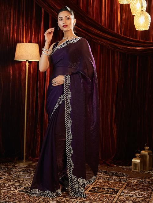 women solid with bordered saree with blouse - 21949636 - Very Small Image - 1