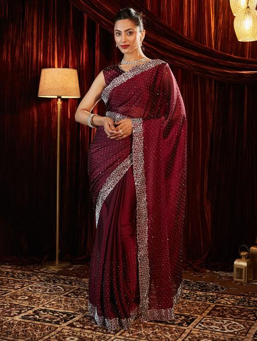 women solid with work embellished saree with blouse - 21949653 - Very Small Image - 1