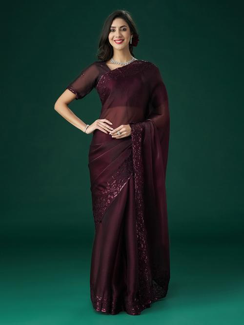 women solid with bordered saree with blouse - 21949656 - Very Small Image - 1