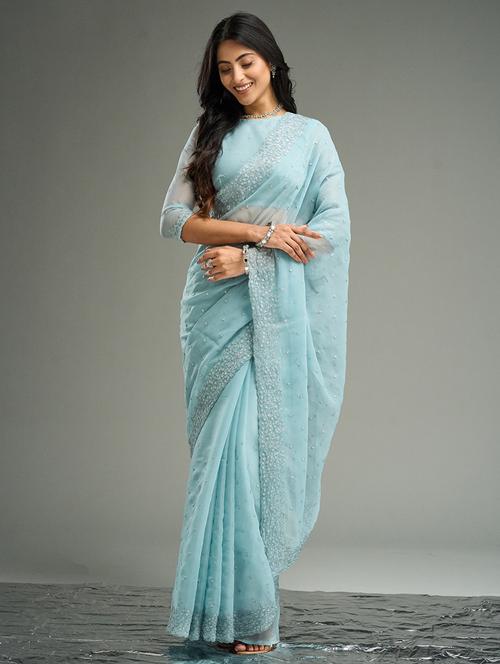 women solid with work embroidered saree with blouse - 21949658 - Very Small Image - 1