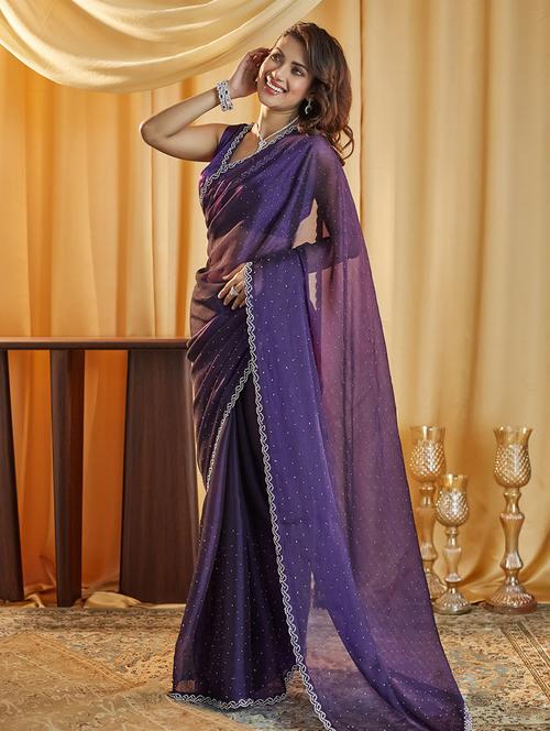 women solid with work embellished saree with blouse - 21949659 - Very Small Image - 1
