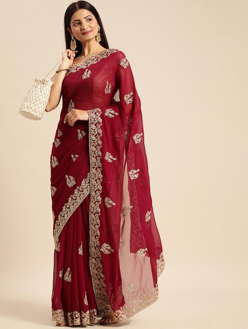 women solid with work embroidered saree with blouse - 21949661 - Very Small Image - 1