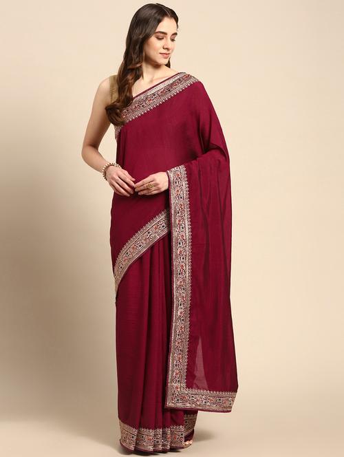 women solid with bordered saree with blouse - 21949673 - Very Small Image - 1