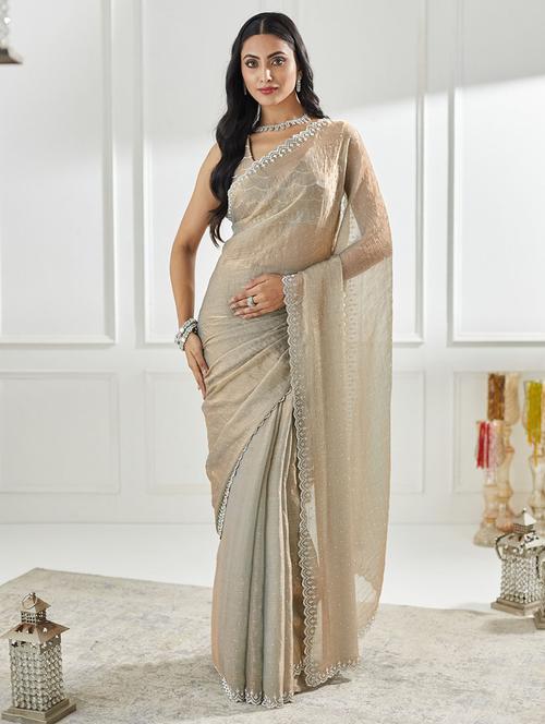 women solid with work embellished saree with blouse - 21949712 - Very Small Image - 1