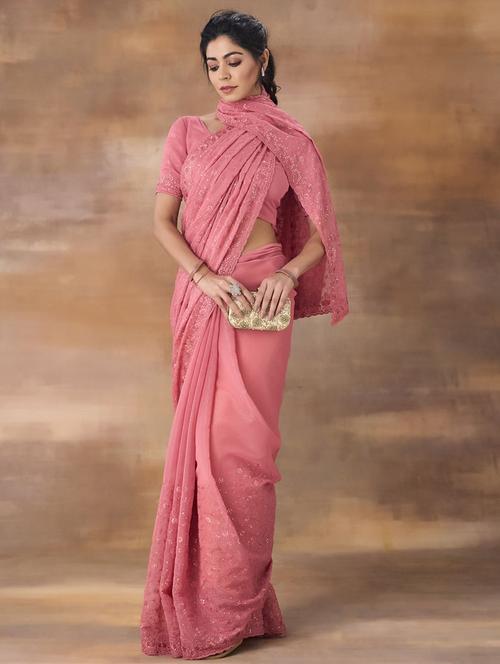 women solid with work embellished saree with blouse - 21949733 - Very Small Image - 1
