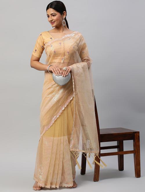 women solid with work embellished saree with blouse - 21949752 - Very Small Image - 1
