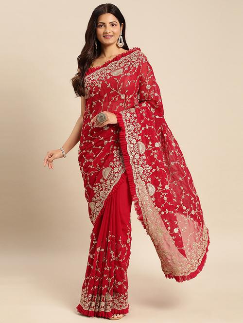 women solid with work embroidered saree with blouse - 21949762 - Very Small Image - 1