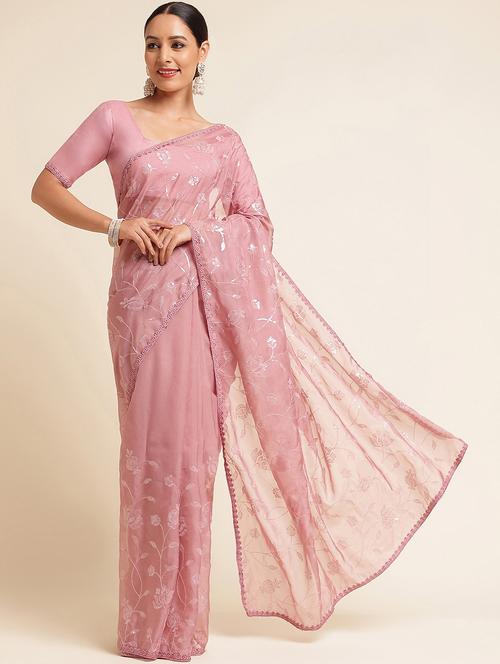 women solid with work embellished saree with blouse - 21949764 - Very Small Image - 1