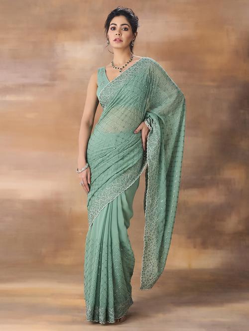 women solid with work embroidered saree with blouse - 21949765 - Very Small Image - 1