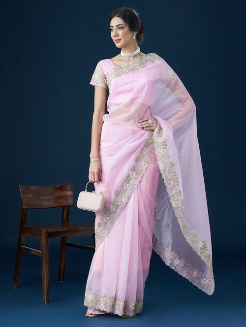 women solid with bordered saree with blouse - 21949769 - Very Small Image - 1