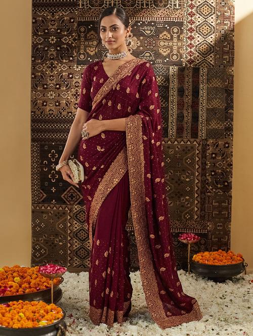 women solid with work embroidered saree with blouse - 21949770 - Very Small Image - 1