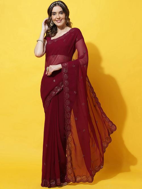 women solid with work embellished saree with blouse - 21949781 - Very Small Image - 1