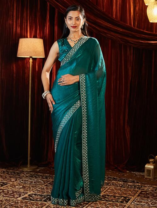 women solid with bordered saree with blouse - 21949786 - Very Small Image - 1