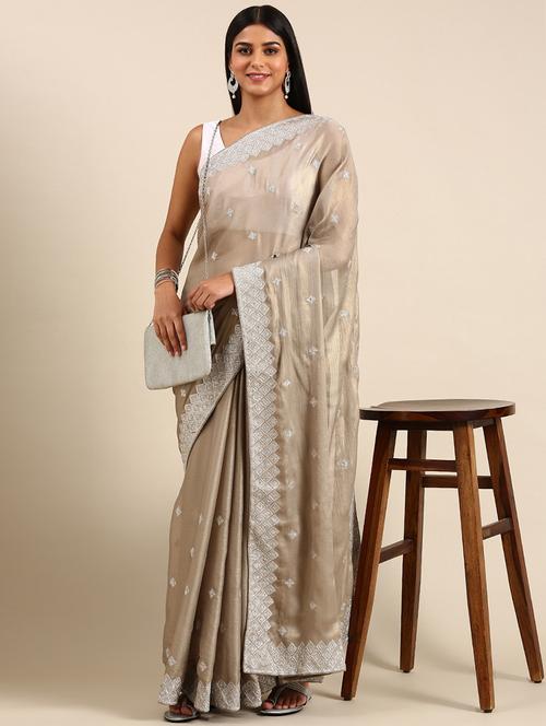 women solid with work embroidered saree with blouse - 21949791 - Very Small Image - 1