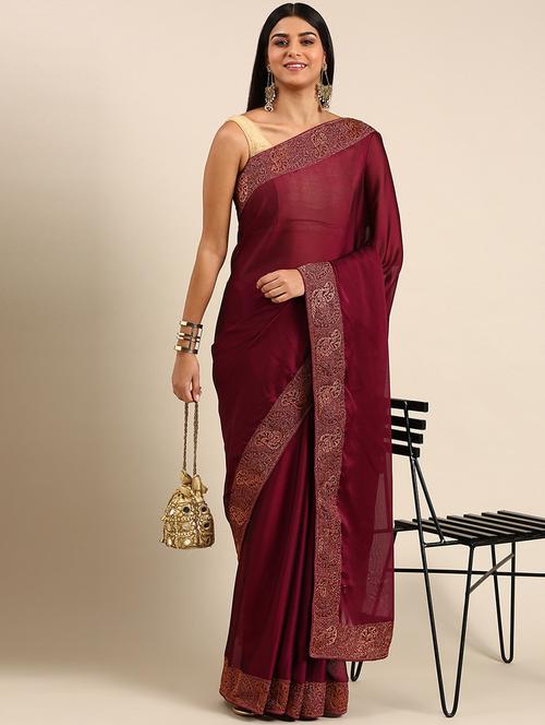 women solid with bordered saree with blouse - 21949798 - Very Small Image - 1